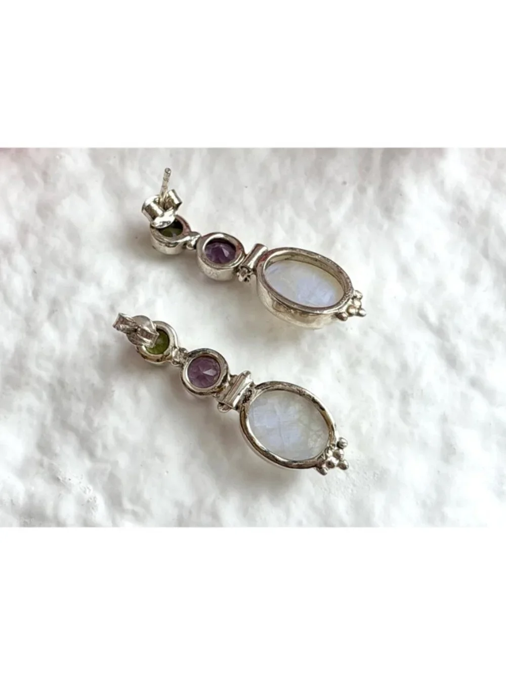 Moonstone, Amethyst & Peridot Vintage Sterling Silver 925 Dangle Drop Earrings